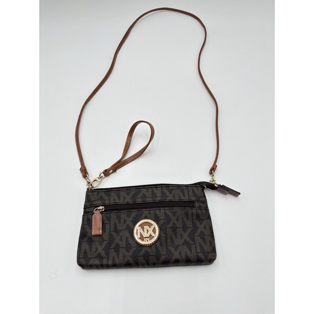 NX XN Monogram Crossbody Wristlet Purse Brown Logo Zip Clutch Bag Wallet